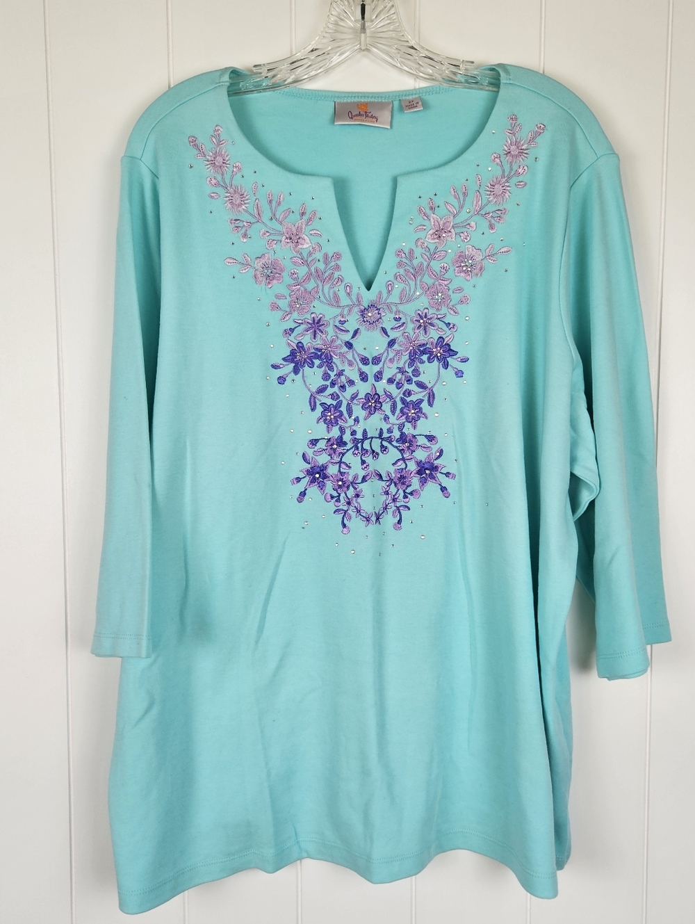 Quacker Factory Shirt Turqouise Blue Rhinestones Purple Embroidery Womens 2x